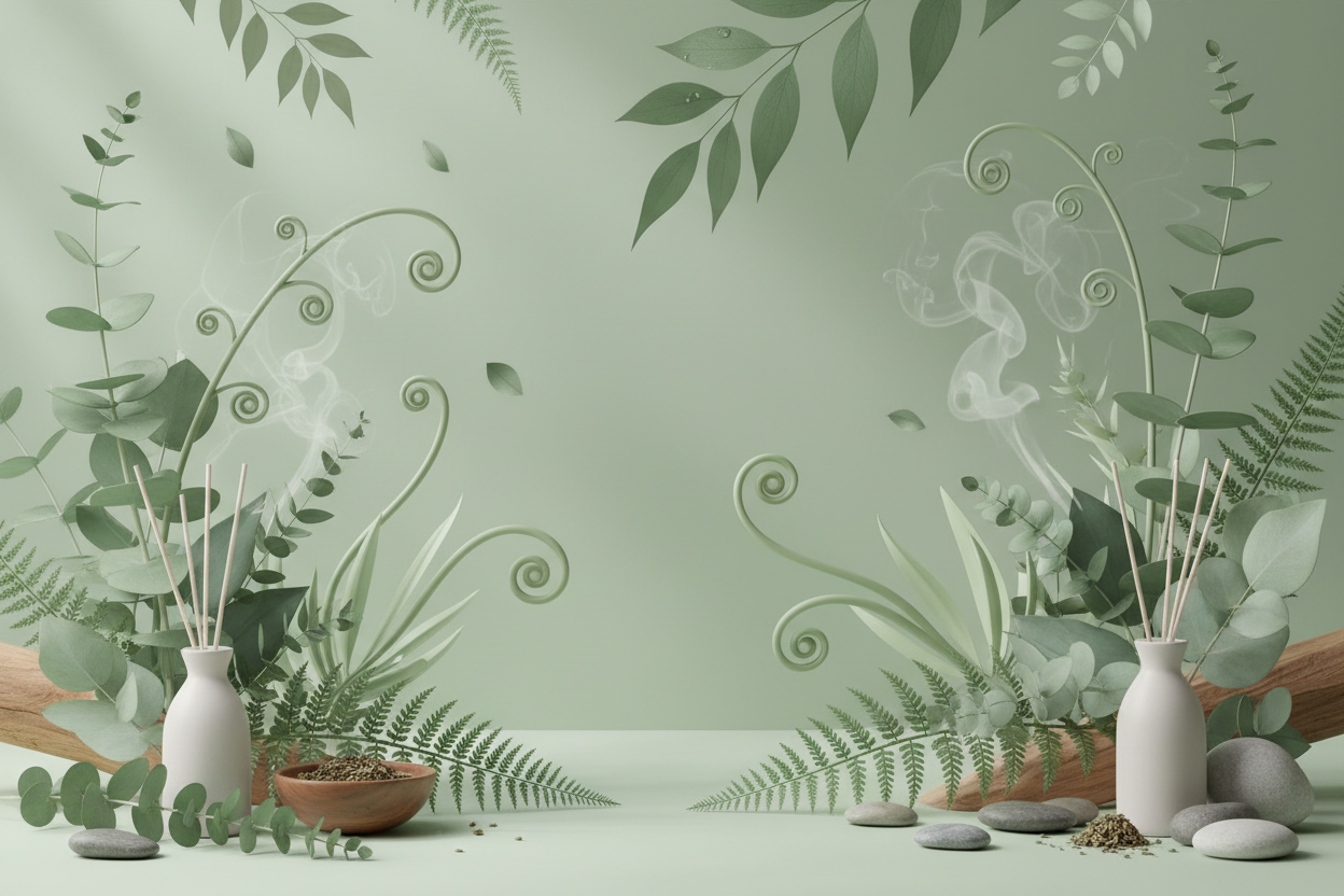 Serene botanical background with soft green tones for a wellness brand
